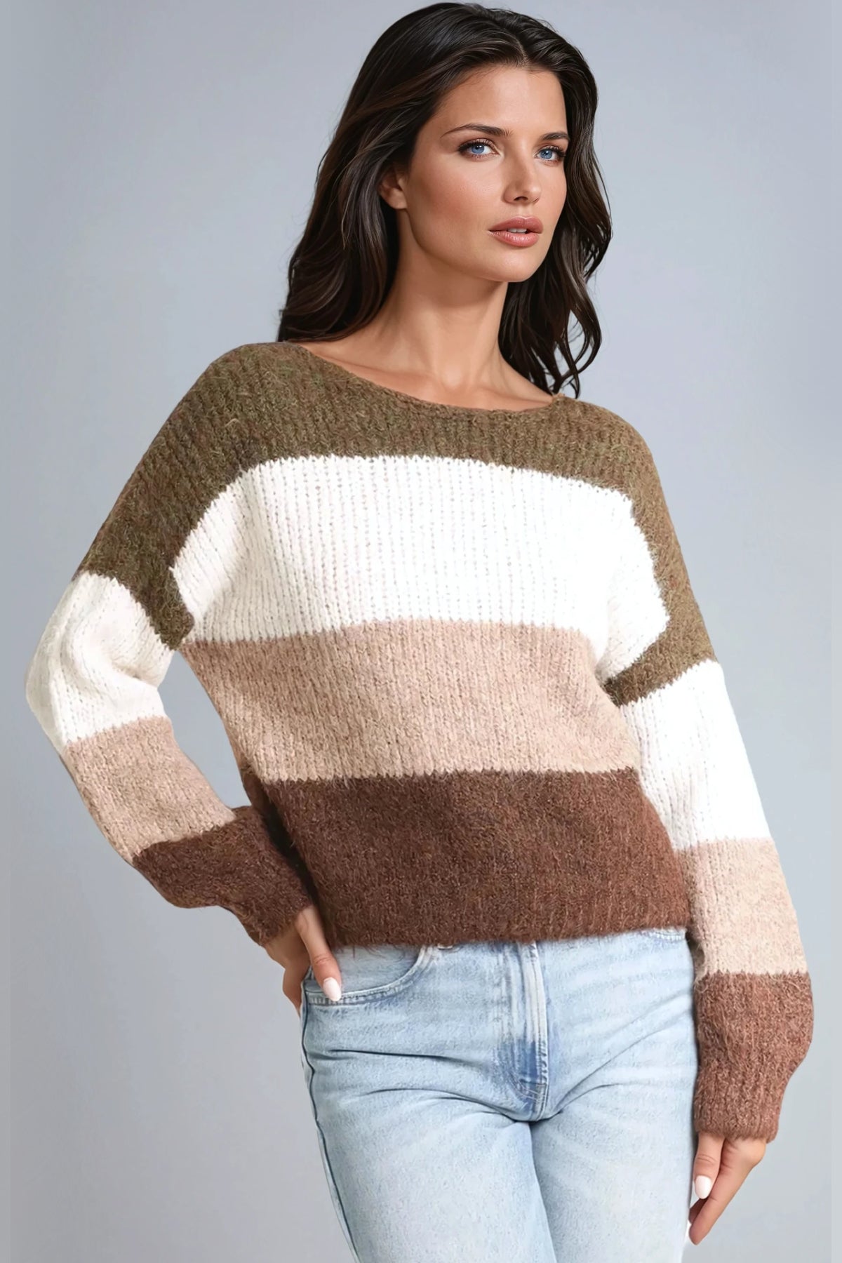 Khaki Wool Blend Colour Block Knitted Jumper