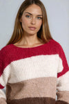 Wine Wool Blend Colour Block Knitted Jumper