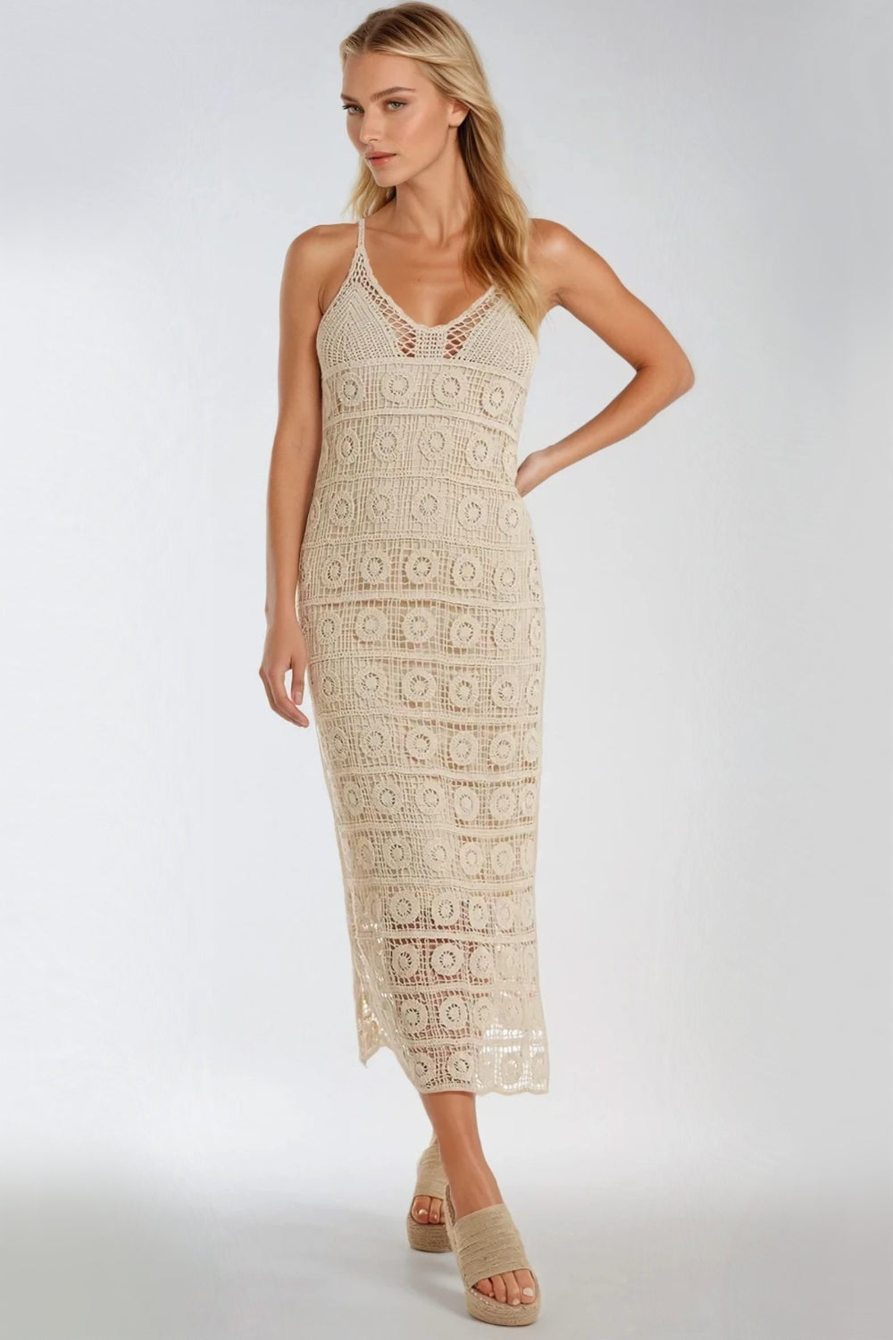 white christmas dresses White Crochet Knit Strappy Maxi Trieste Dress S main image 0