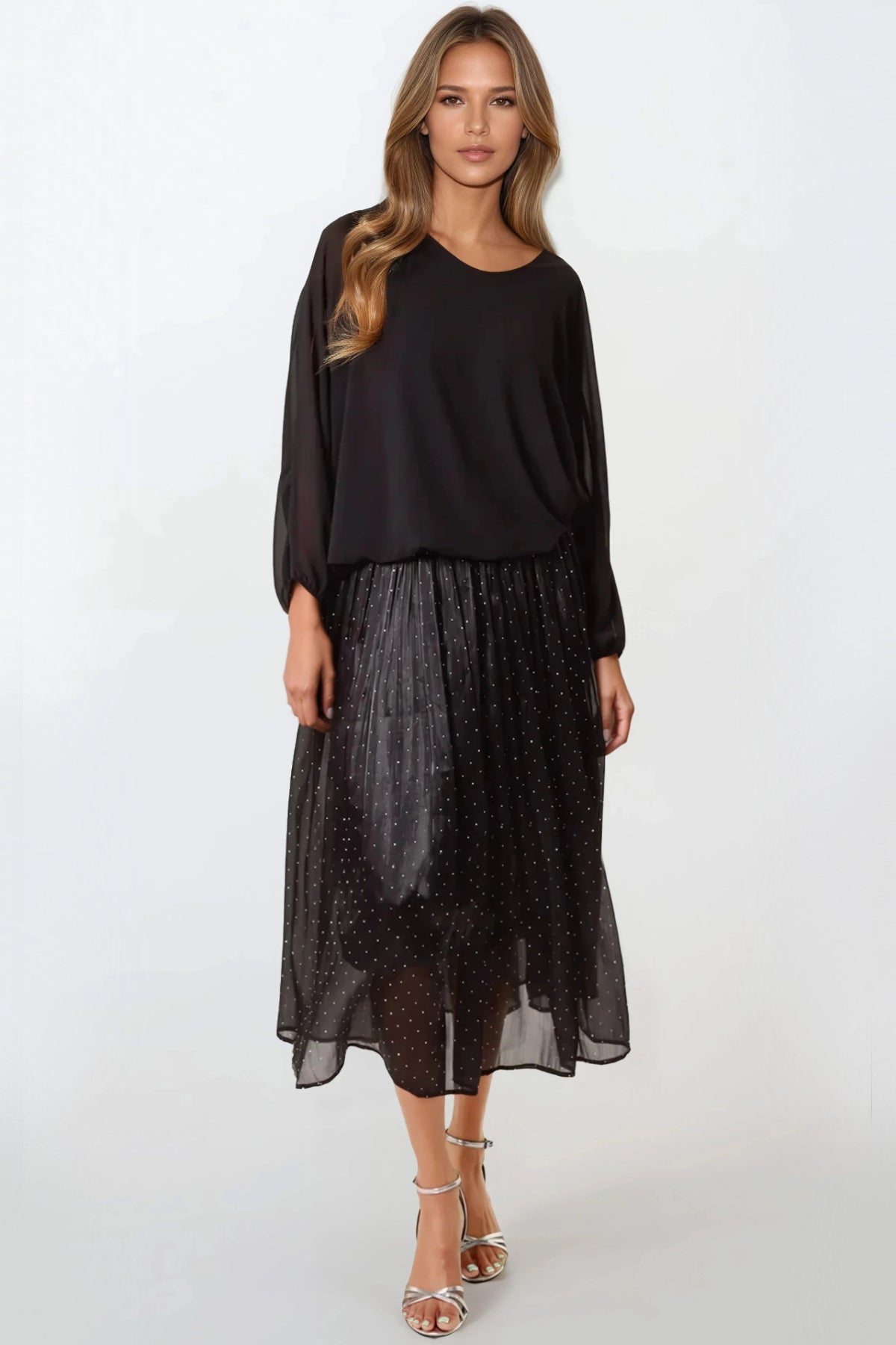 Black Diamante Embellished Pleated Midi Skirt