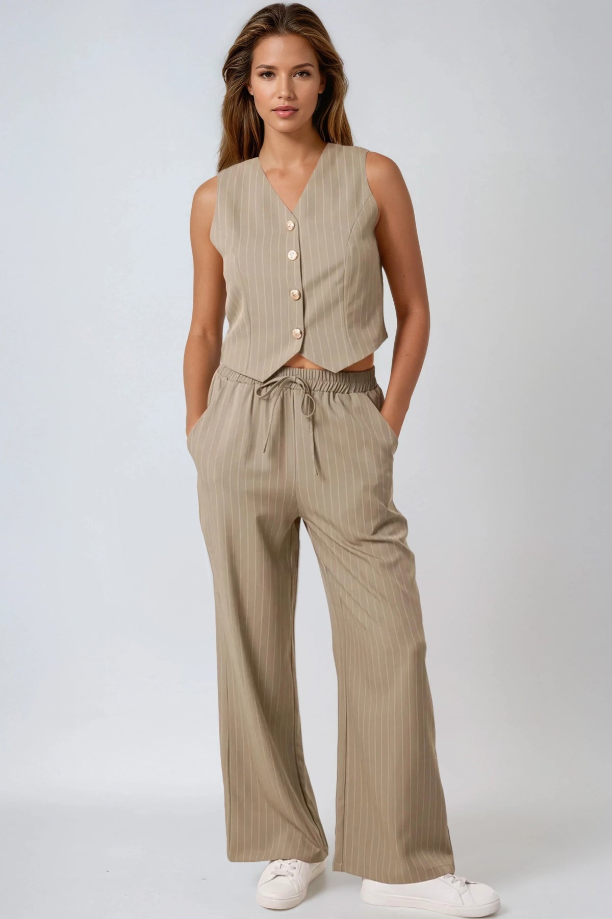 Khaki Pinstripe Wide Leg Trousers