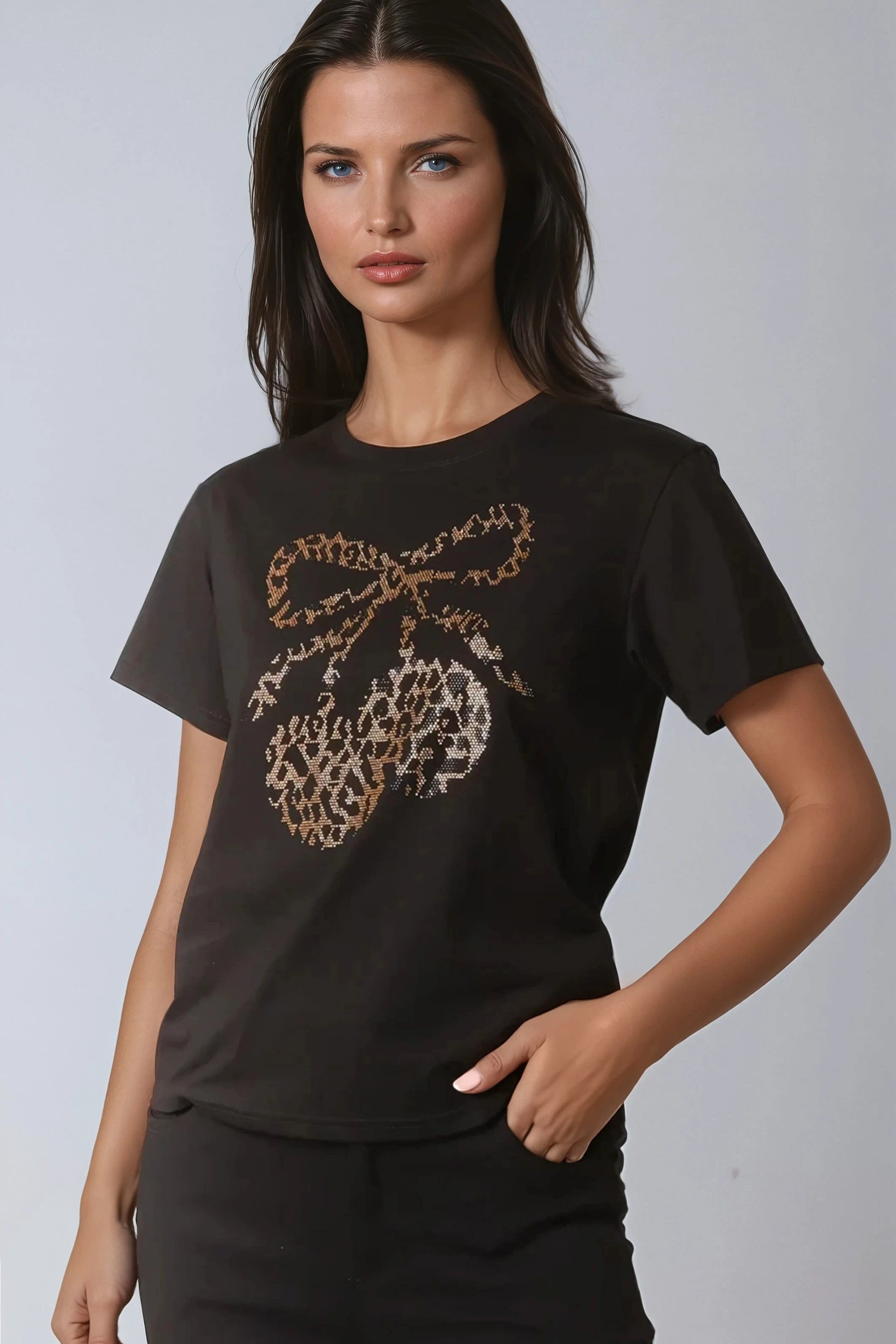 Black Embellished Leopard Cherry T Shirt