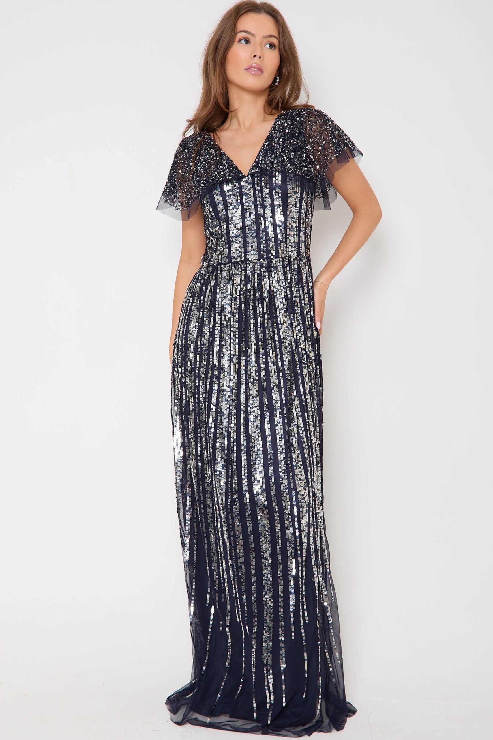 charcoal grey sequin dress A-line V-neck Charcoal Grey Sequin Long Bridesmaid Dress