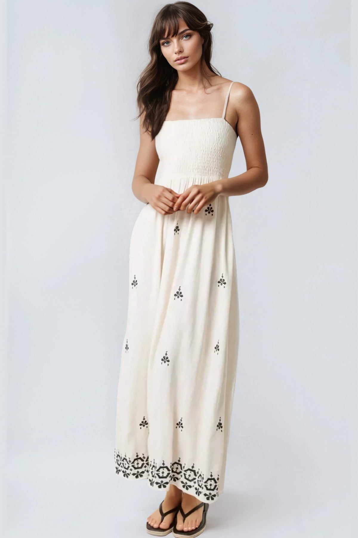Ivory Embroidered Shirred Cami Maxi Dress