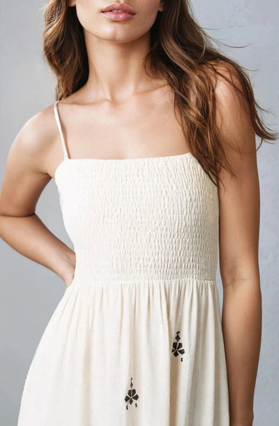 Ivory Embroidered Shirred Cami Maxi Dress