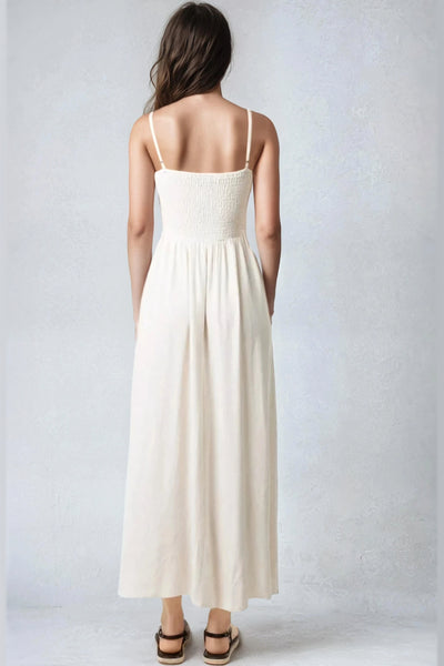 Ivory Embroidered Shirred Cami Maxi Dress