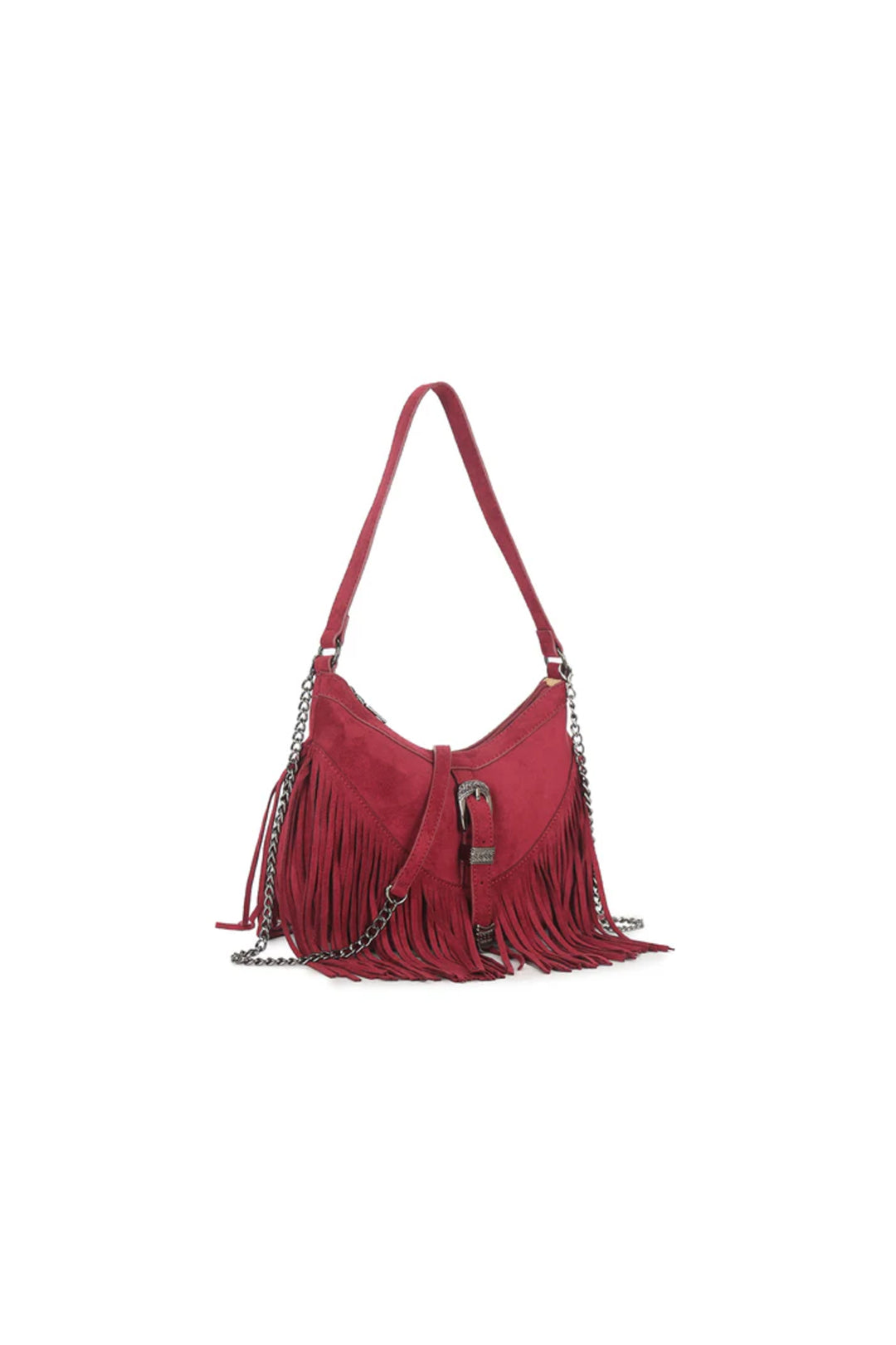 Burgundy Faux Suede Fringe Handbag