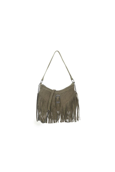 Olive Faux Suede Fringe Handbag