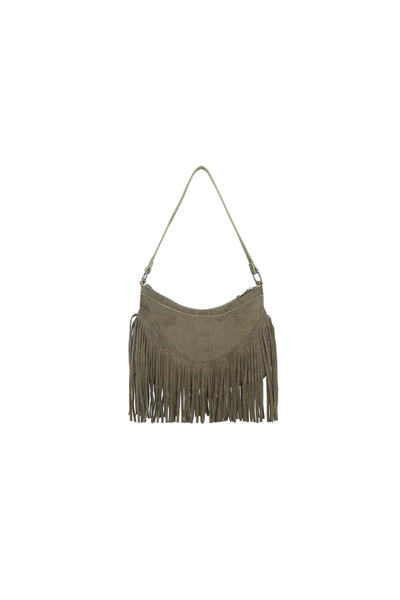 Olive Faux Suede Fringe Handbag