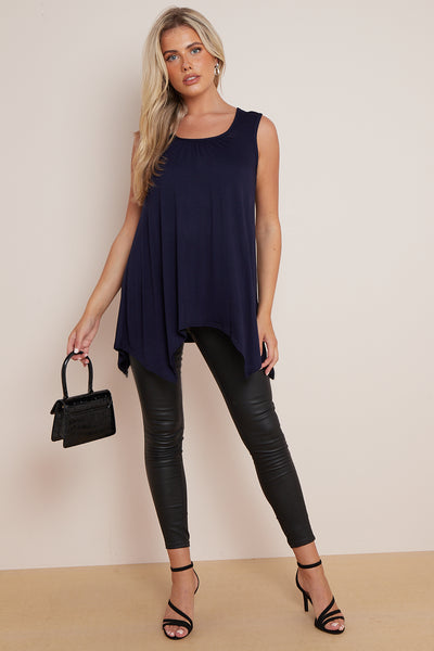 Navy Sleeveless Top With Asymmetric Hem