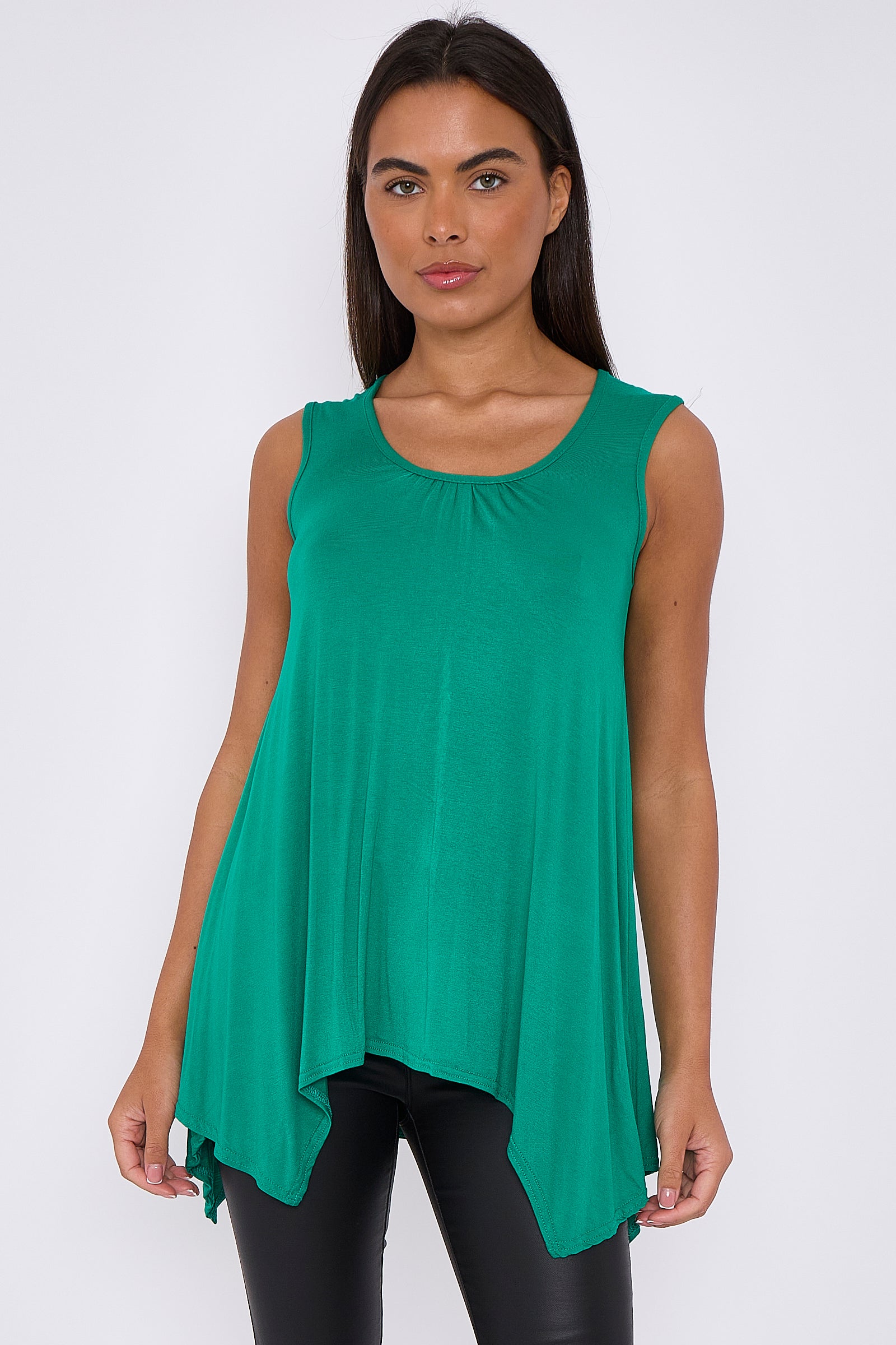 Jade Green Sleeveless Top With Asymmetric Hem