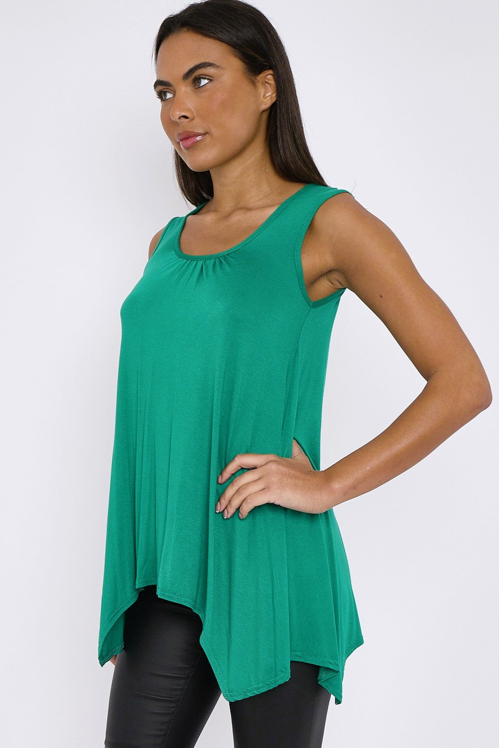 Jade Green Sleeveless Top With Asymmetric Hem