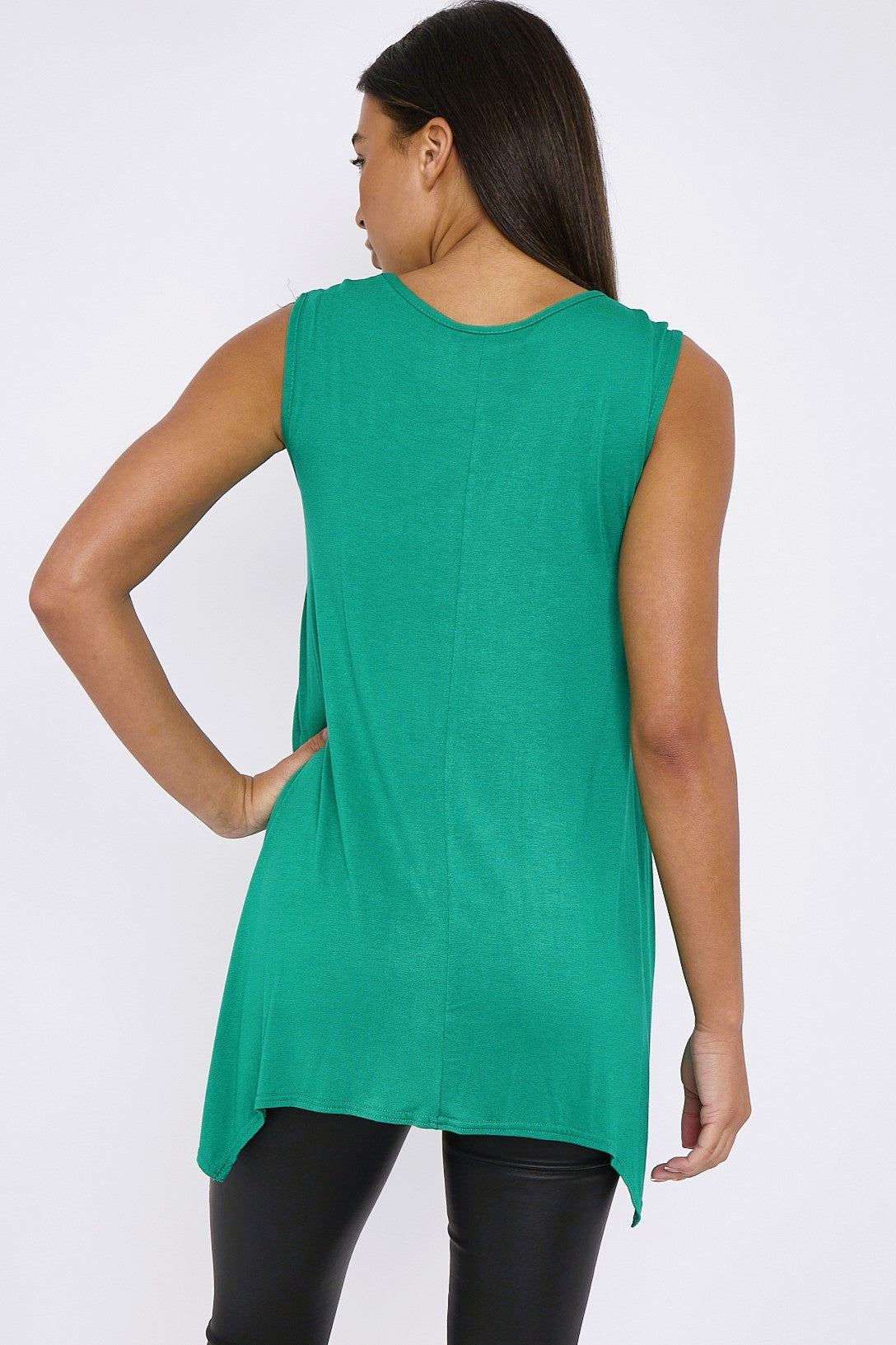 Jade Green Sleeveless Top With Asymmetric Hem