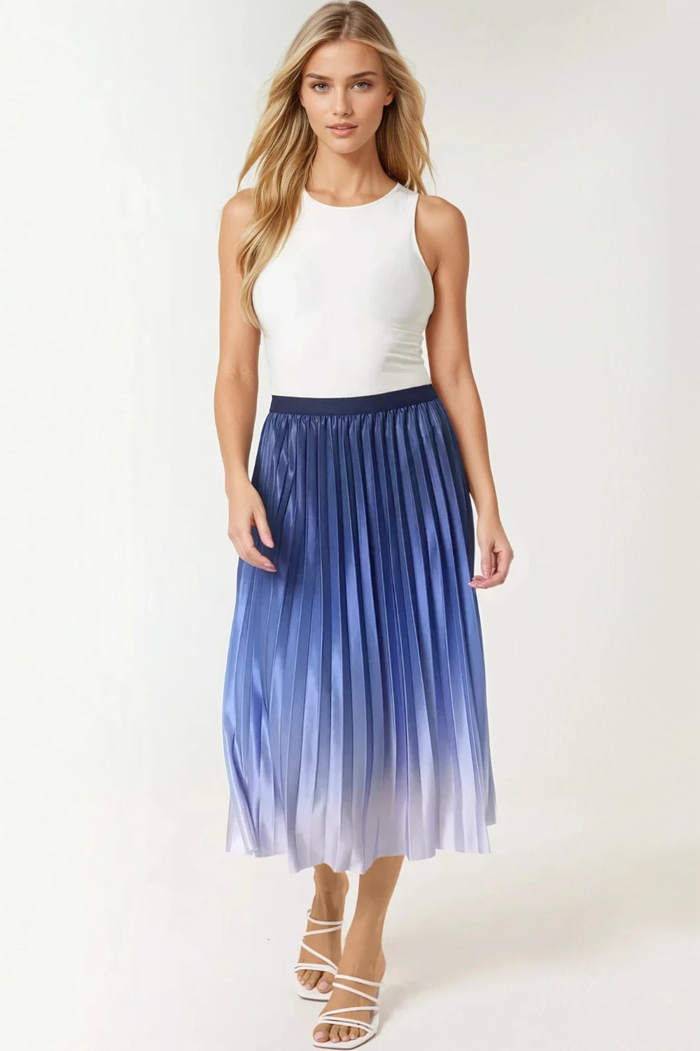 Blue Gradient Pleated Midi Skirt