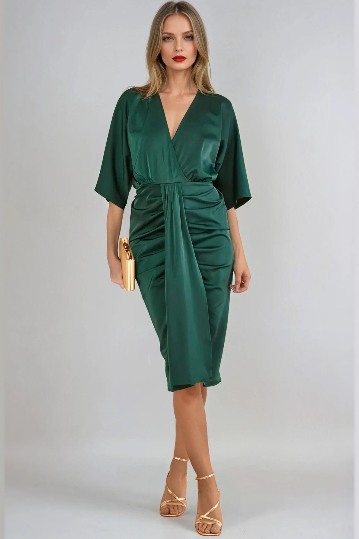 Green Satin Wrap Midi Dress Aftershock London