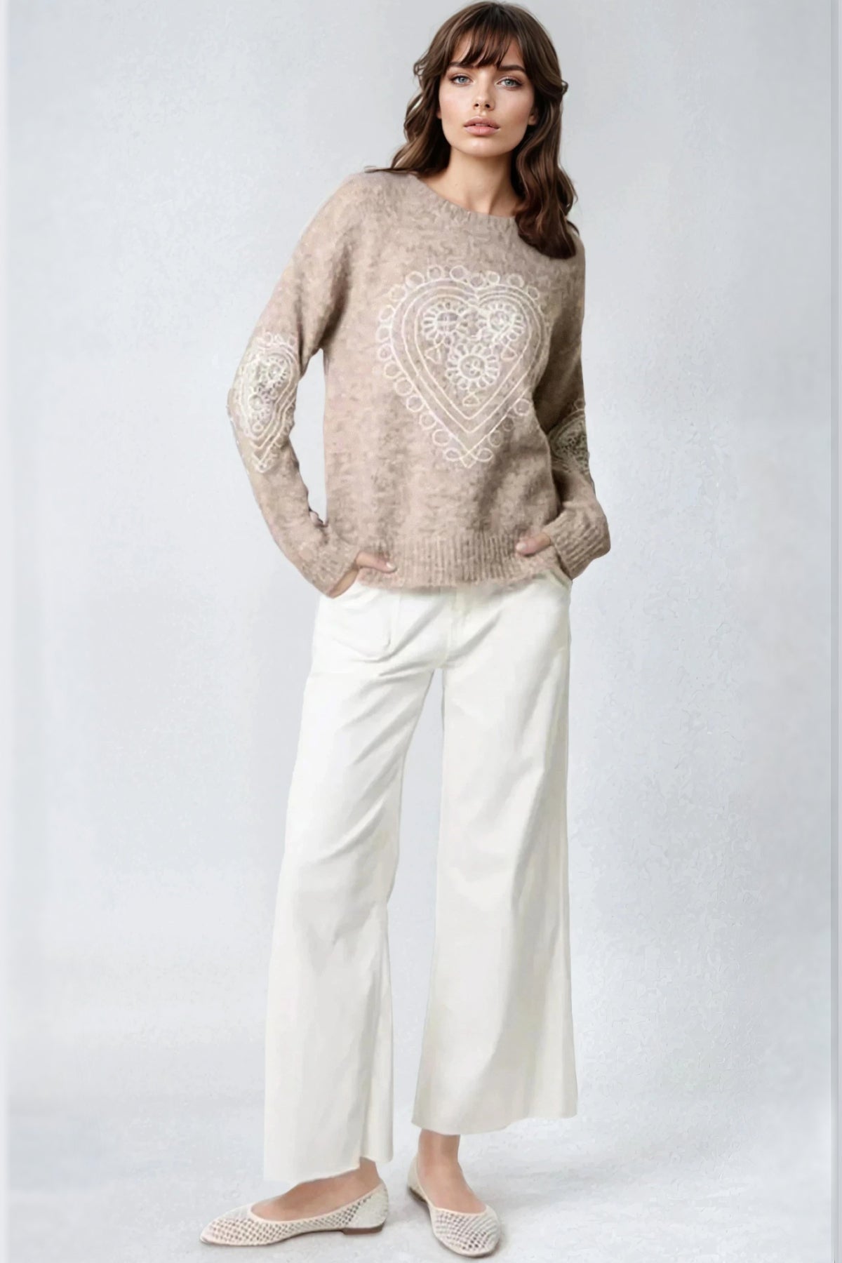 Mocha Heart Embroidered Wool Blend Jumper