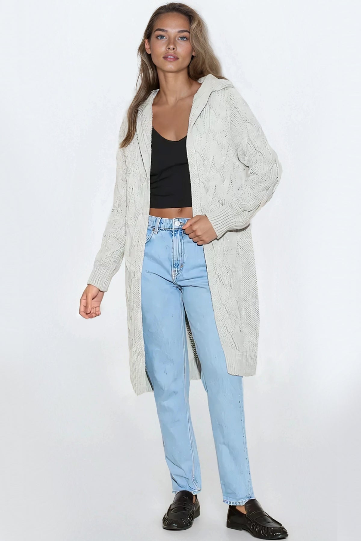 Silver Grey Hooded Cable Knitted Longline Cardigan