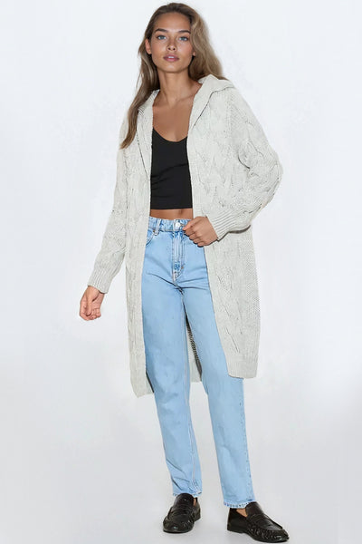 Silver Grey Hooded Cable Knitted Longline Cardigan
