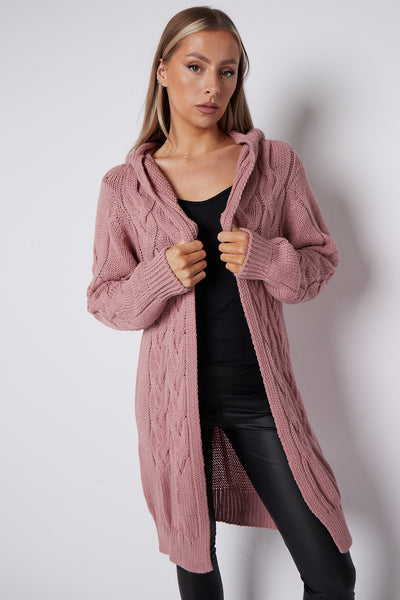 Dusty Pink Hooded Cable Knit Longline Cardigan