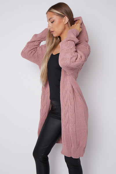 Dusty Pink Hooded Cable Knit Longline Cardigan