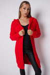 Red Hooded Cable Knit Longline Cardigan