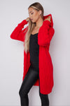 Red Hooded Cable Knit Longline Cardigan