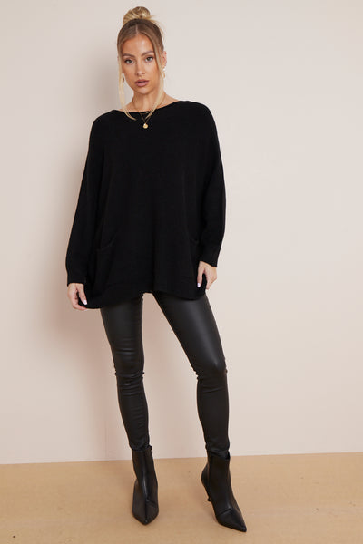 Black Round Neck Jumper with Pockets