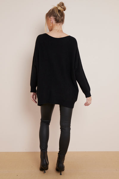 Black Round Neck Jumper with Pockets