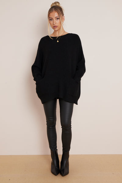 Black Round Neck Jumper with Pockets