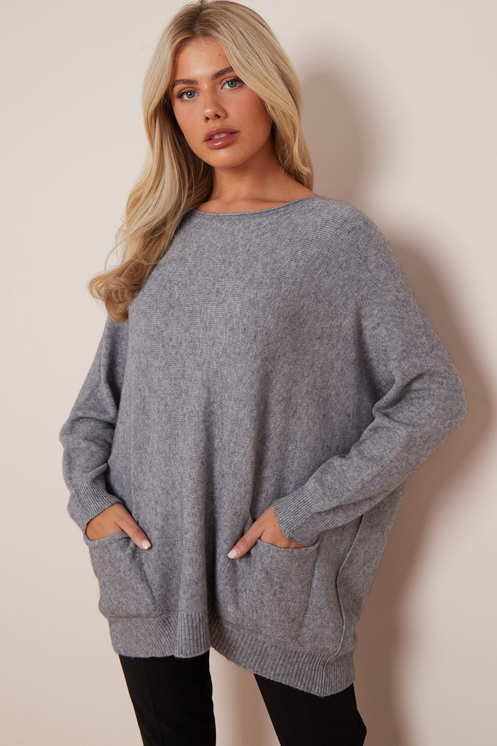 Silver Grey Round Neck Jumper with Pockets