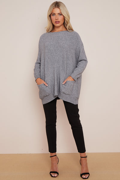 Silver Grey Round Neck Jumper with Pockets