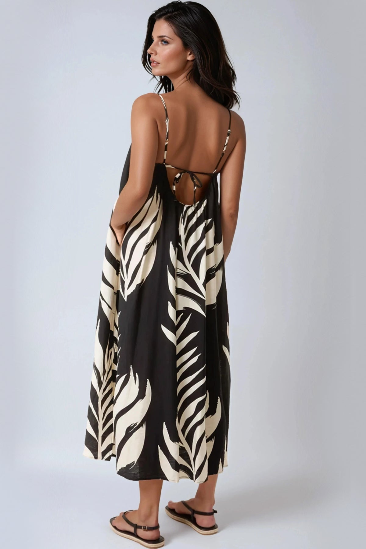 Black Leaf Print Strappy Dress