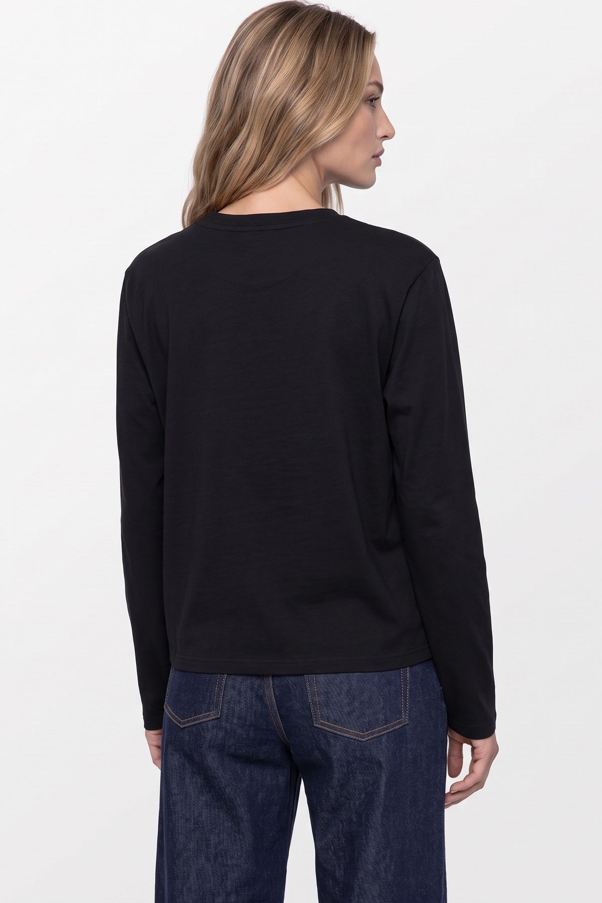 Black Cotton Long Sleeve Round Neck Top