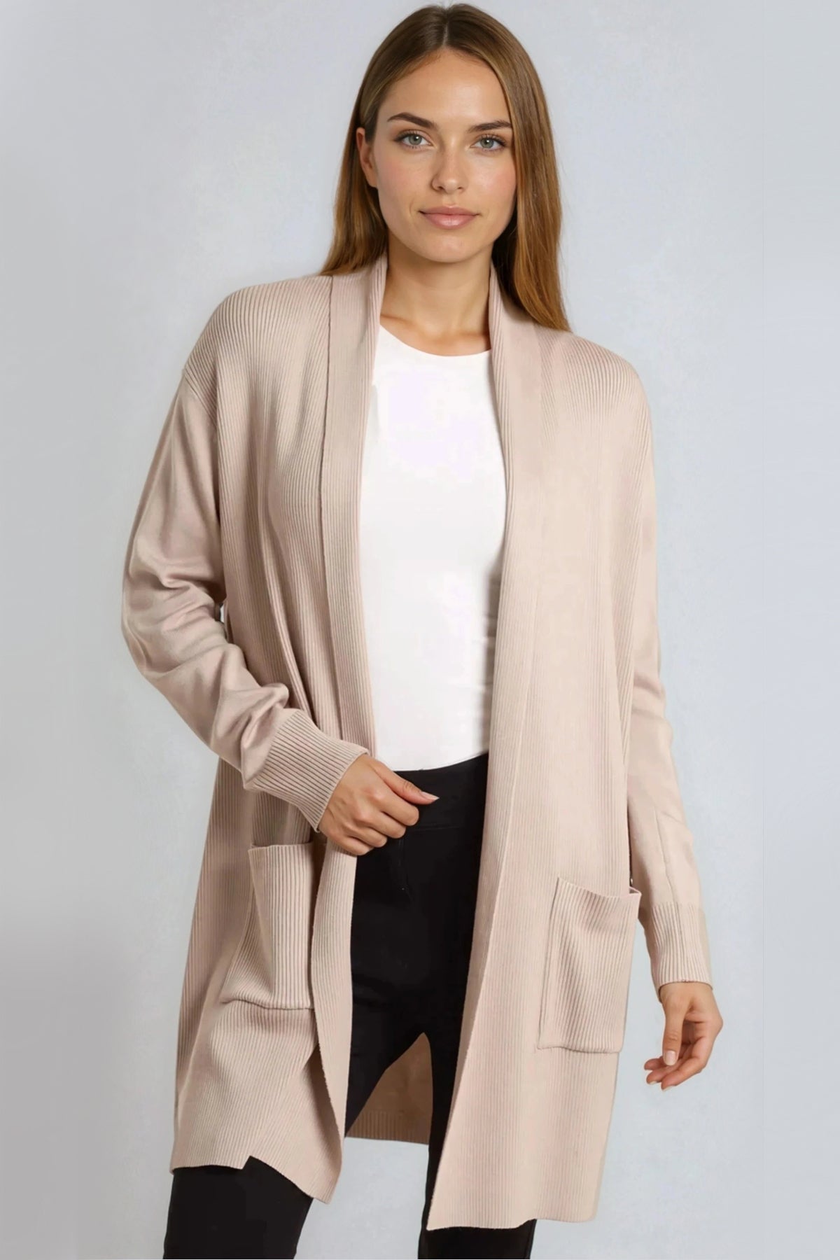 Beige Ribbed Cardigan With Pockets