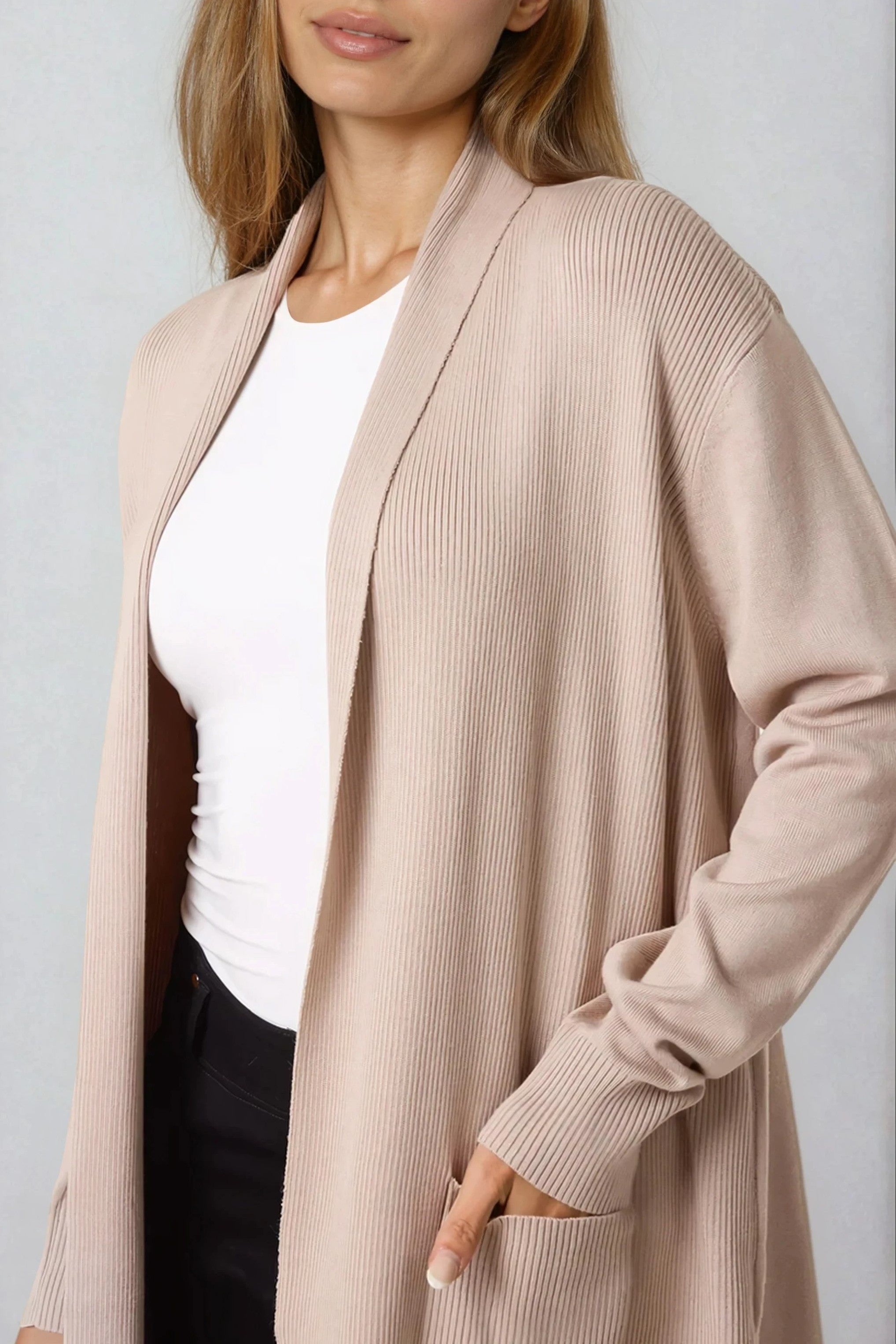 Beige Ribbed Cardigan With Pockets