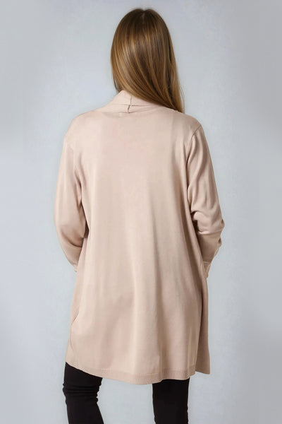 Beige Ribbed Cardigan With Pockets