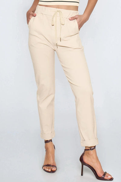 Beige Stretch Drawstring Trousers