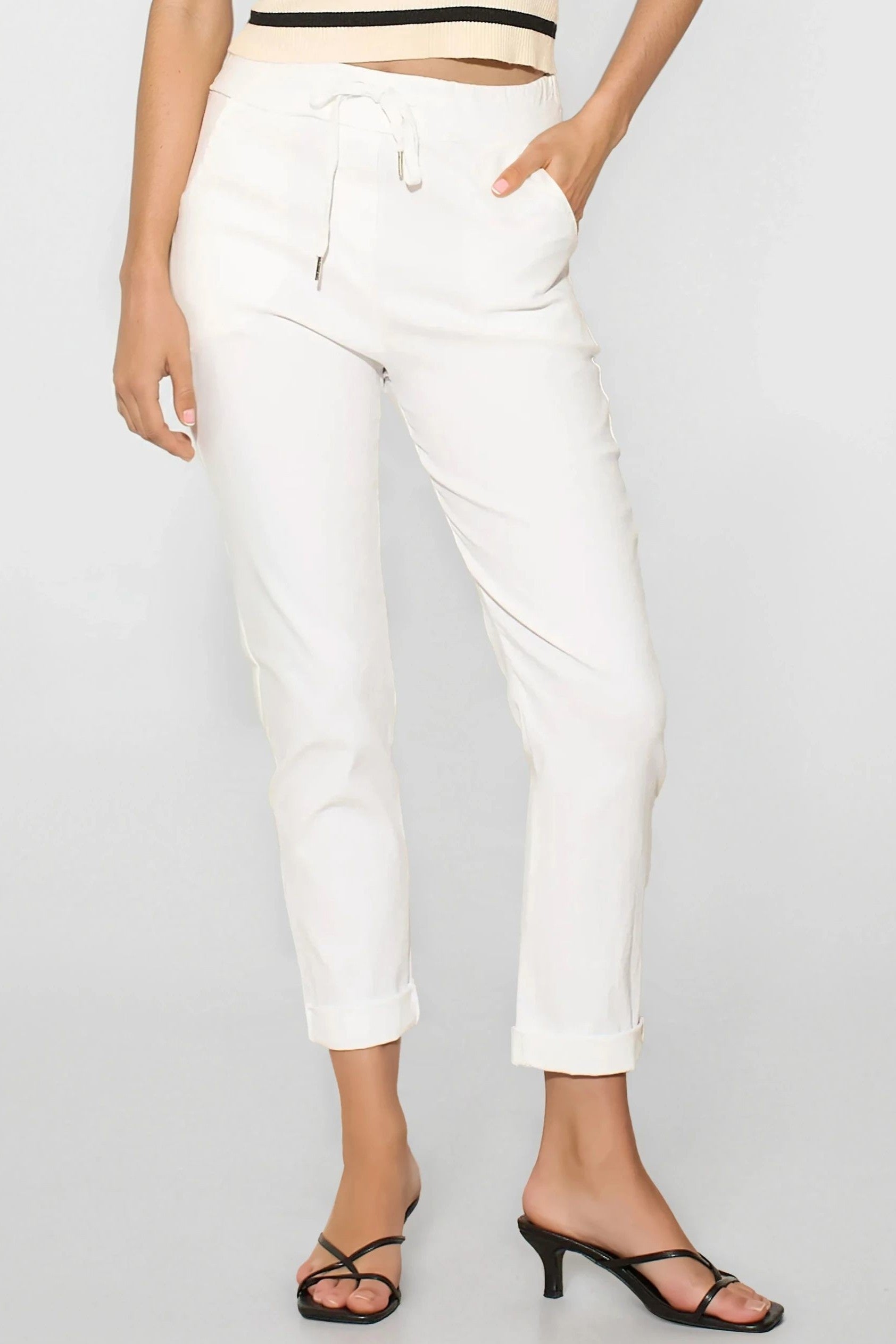 White Stretch Drawstring Trousers