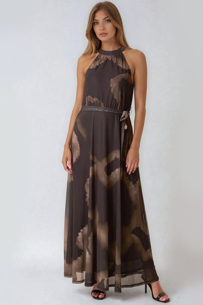 Brown Halterneck Belted Maxi Dress