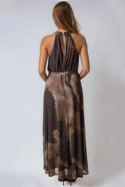 Brown Halterneck Belted Maxi Dress