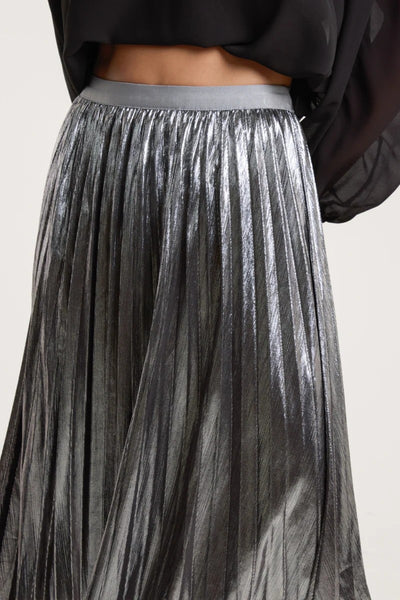 Pewter Metallic Pleated Midi Skirt