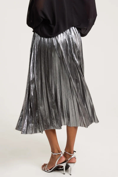 Pewter Metallic Pleated Midi Skirt