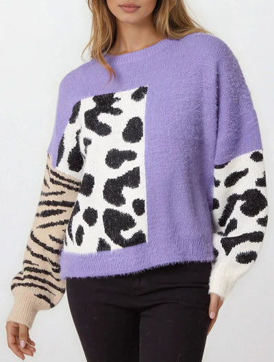 Purple Mixed Animal Pattern Knit Jumper