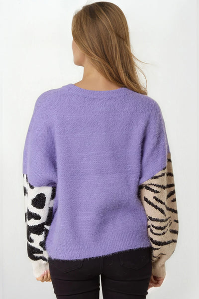 Purple Mixed Animal Pattern Knit Jumper