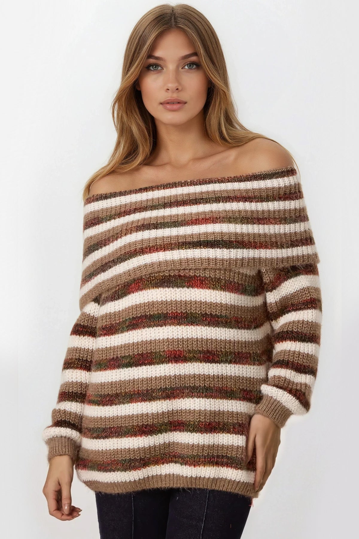 Mocha Off Shoulder Striped Jumper