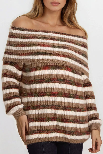 Mocha Off Shoulder Striped Jumper