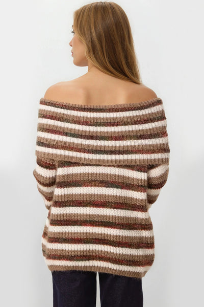 Mocha Off Shoulder Striped Jumper