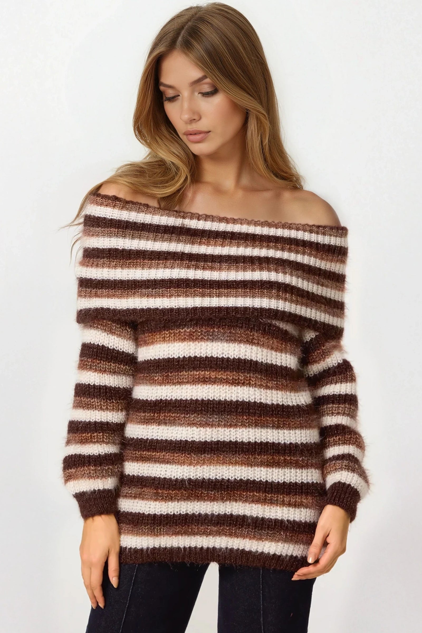 Brown Off The Shoulder Striped Jumper