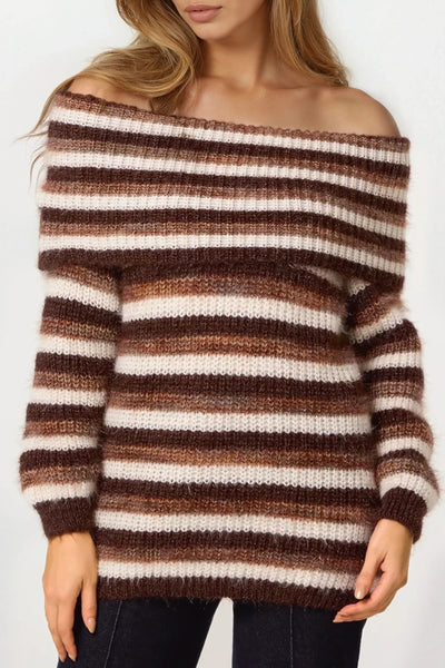 Brown Off The Shoulder Striped Jumper
