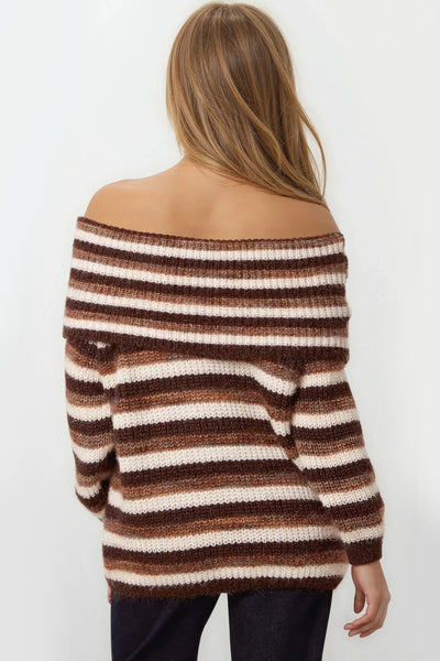 Brown Off The Shoulder Striped Jumper
